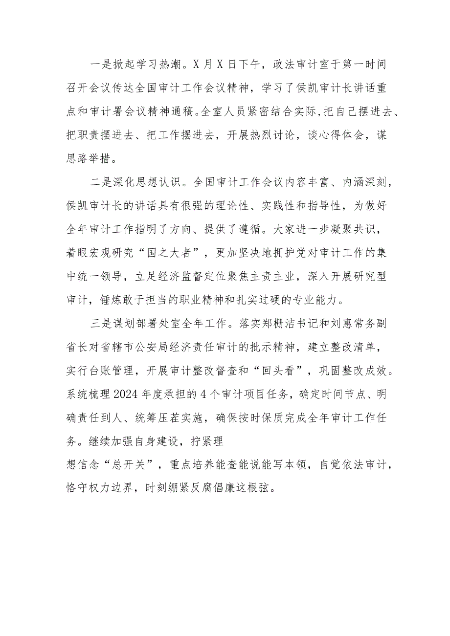 学习贯彻2024全国审计工作会议精神的工作小结十五篇.docx_第3页