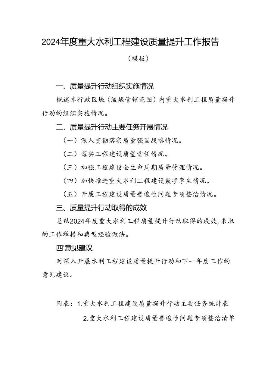 2024重大水利工程建设质量提升工作报告（模版）.docx_第1页