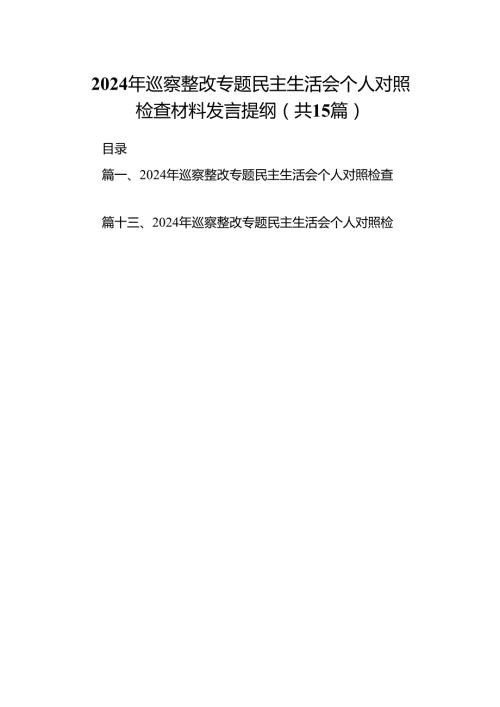 2024年巡察整改专题民主生活会个人对照检查材料发言提纲范文15篇（详细版）.docx