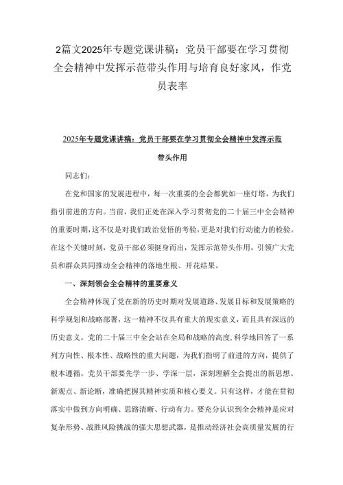 2篇文2025年专题党课讲稿：党员干部要在学习贯彻全会精神中发挥示范带头作用与培育良好家风作党员表率.docx