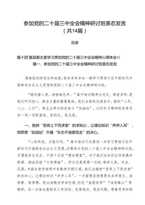 参加党的二十三中全会精神研讨班表态发言（共14篇）.docx