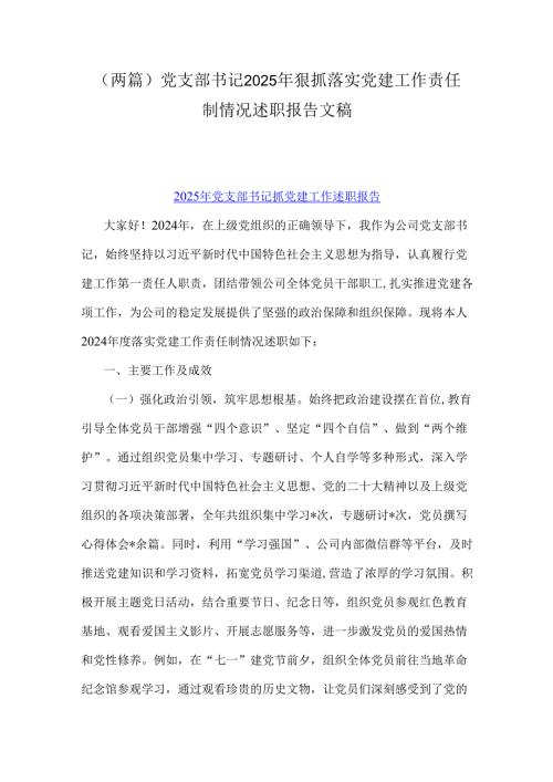 （两篇）党支部书记2025年狠抓落实党建工作责任制情况述职报告文稿.docx