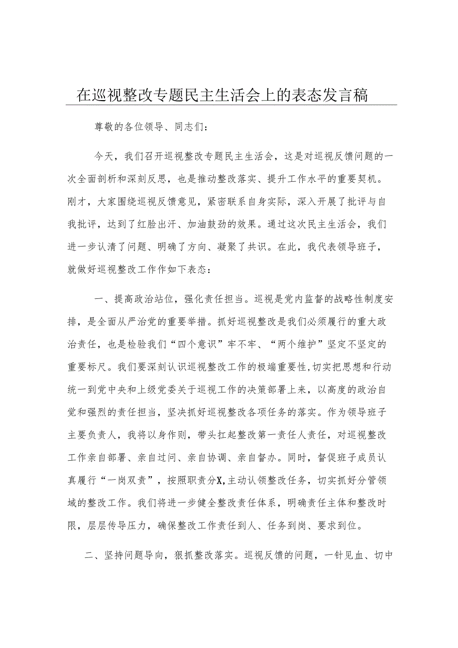 在巡视整改专题民主生活会上的表态发言稿.docx_第1页