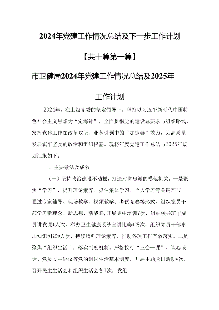 （10篇）2024年党建工作情况总结及下一步工作计划.docx_第1页