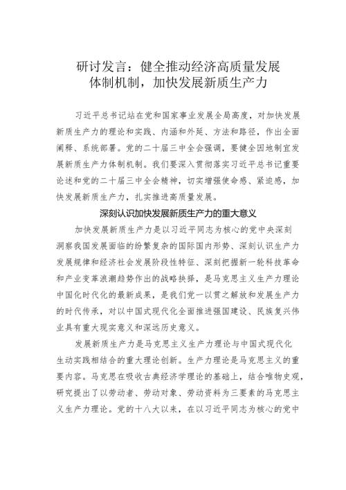 研讨发言：健全推动经济高质量发展体制机制加快发展新质生产力.docx