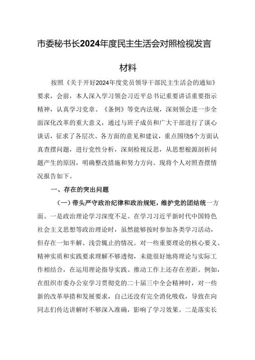 市委秘书长2024民主生活会对照检视发言材料.docx