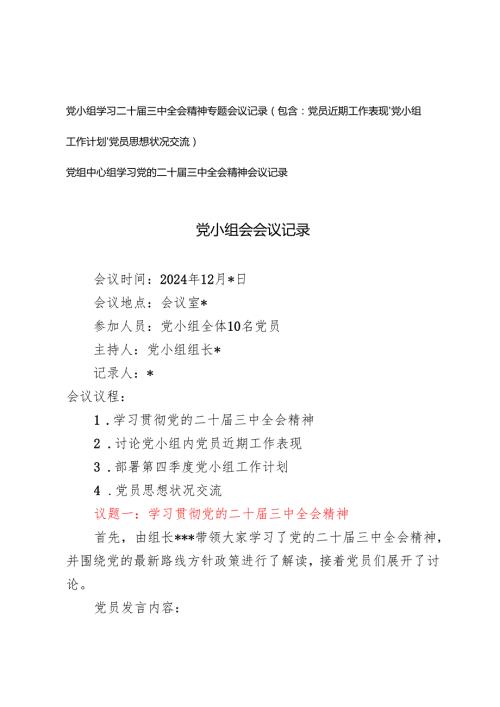 20242025年党小组学习二十三中全会精神专题会议记录（包含：党员近期工作表现、党小组工作计划、党员思想状况交流）.docx