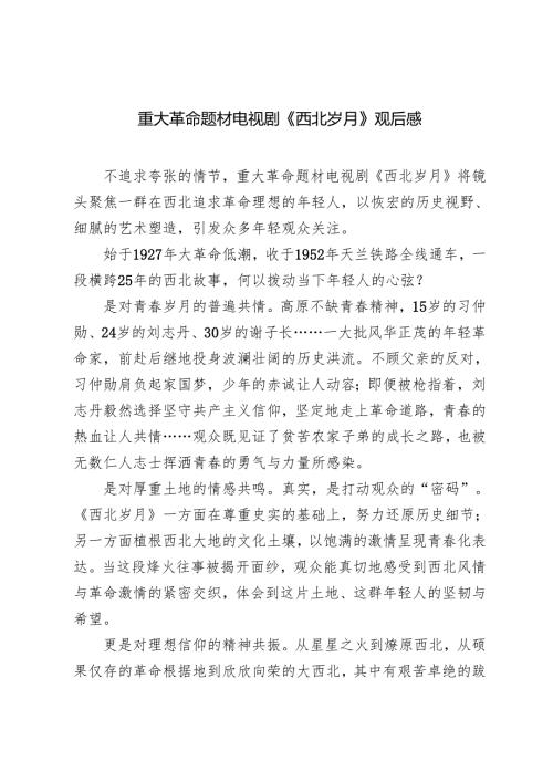 2024年观看重大革命题材电视剧《西北岁月》观后感心得.docx