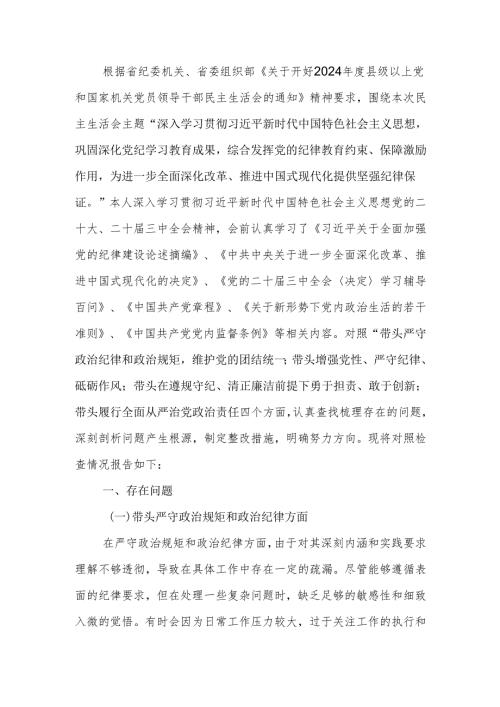2024专题民主生活个人发言材料（四个带头）范文范文两篇.docx