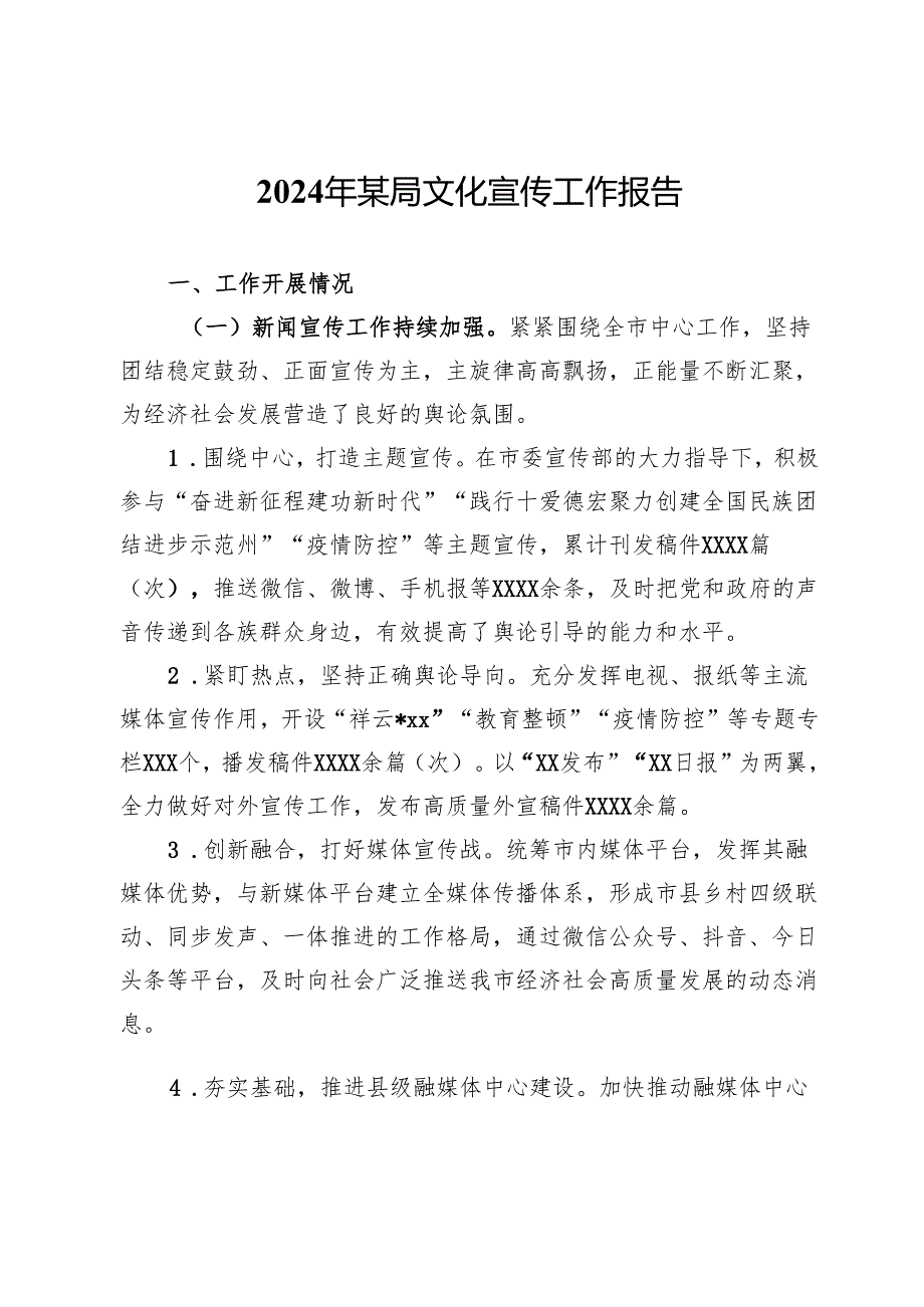 2024年某局文化宣传工作报告.docx_第1页