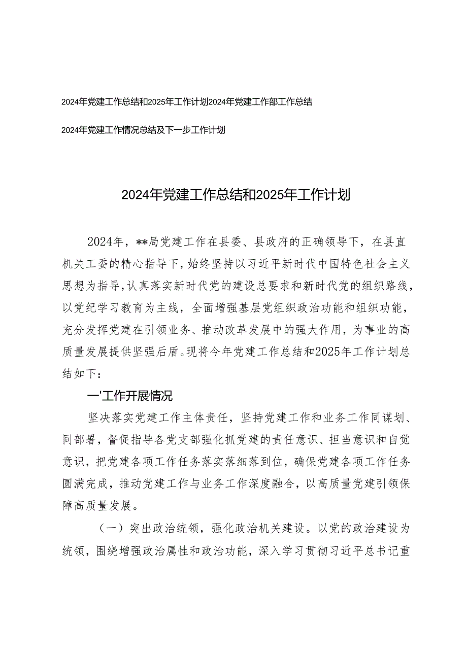 2024年党建工作情况总结及2025年下一步工作计划.docx_第1页