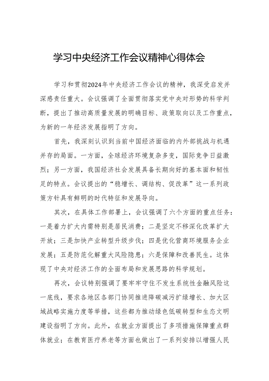 九篇2024年中央经济工作会议精神心得体会最新版.docx_第1页