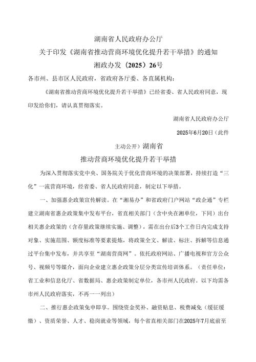 湖南省推动营商环境优化提升若干举措（2025年）.docx