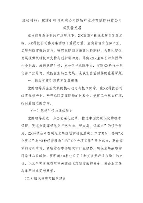 经验材料：党建引领与总院协同以新产业培育赋能科技公司高质量发展.docx
