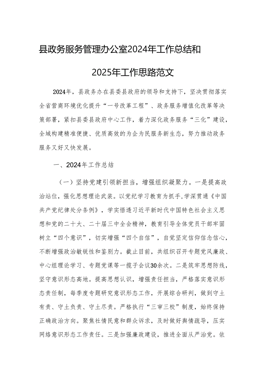 政务服务管理办公室2024年工作总结和2025年工作思路范文.docx_第1页