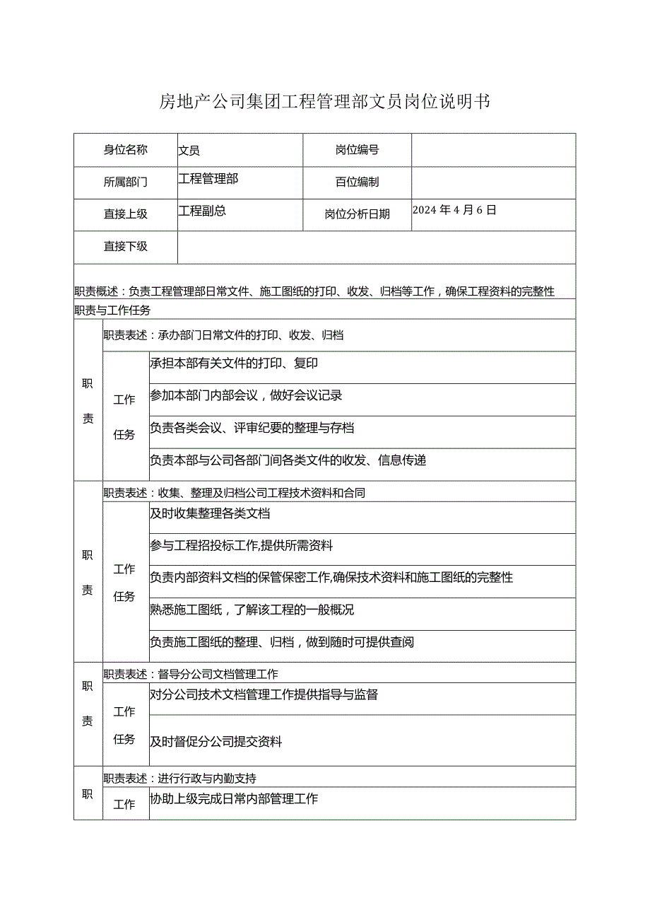 房地产公司集团工程管理部文员岗位说明书.docx_第1页