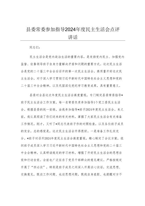 县委常委参加指导2024年度民主生活会点评讲话.docx