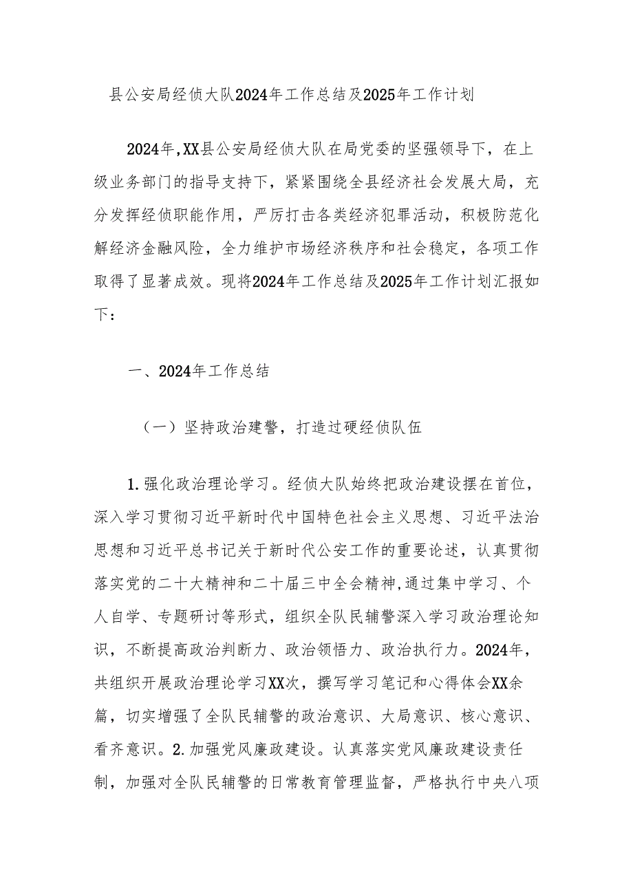 县公安局经侦大队2024年工作总结及2025年工作计划.docx_第1页