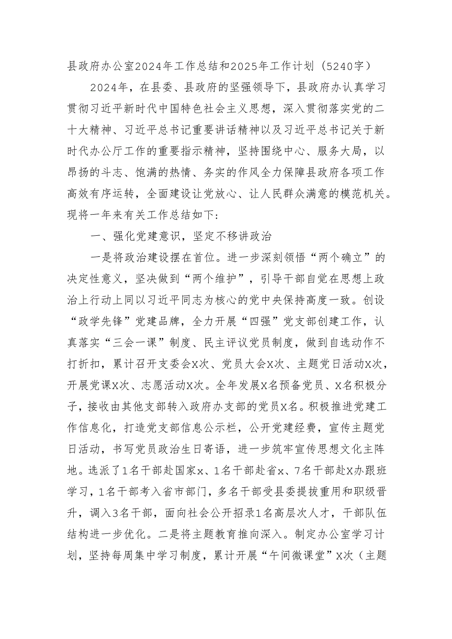 县政府办公室2024年工作总结和2025年工作计划（5240字）.docx_第1页