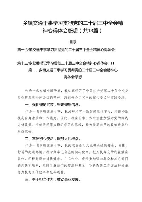 （13篇）乡镇交通干事学习贯彻党的二十三中全会精神心得体会感想（最新版）.docx