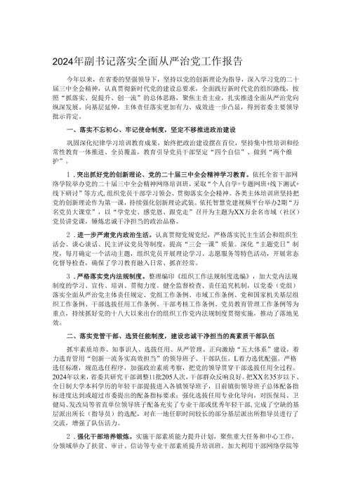 2024年副书记落实全面从严治党工作报告.docx