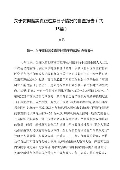 关于贯彻落实真正过紧日子情况的自查报告范文15篇（详细版）.docx