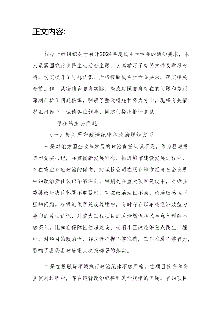 城投公司党委书记四个带头2024民主生活会个人对照检查材料.docx_第2页