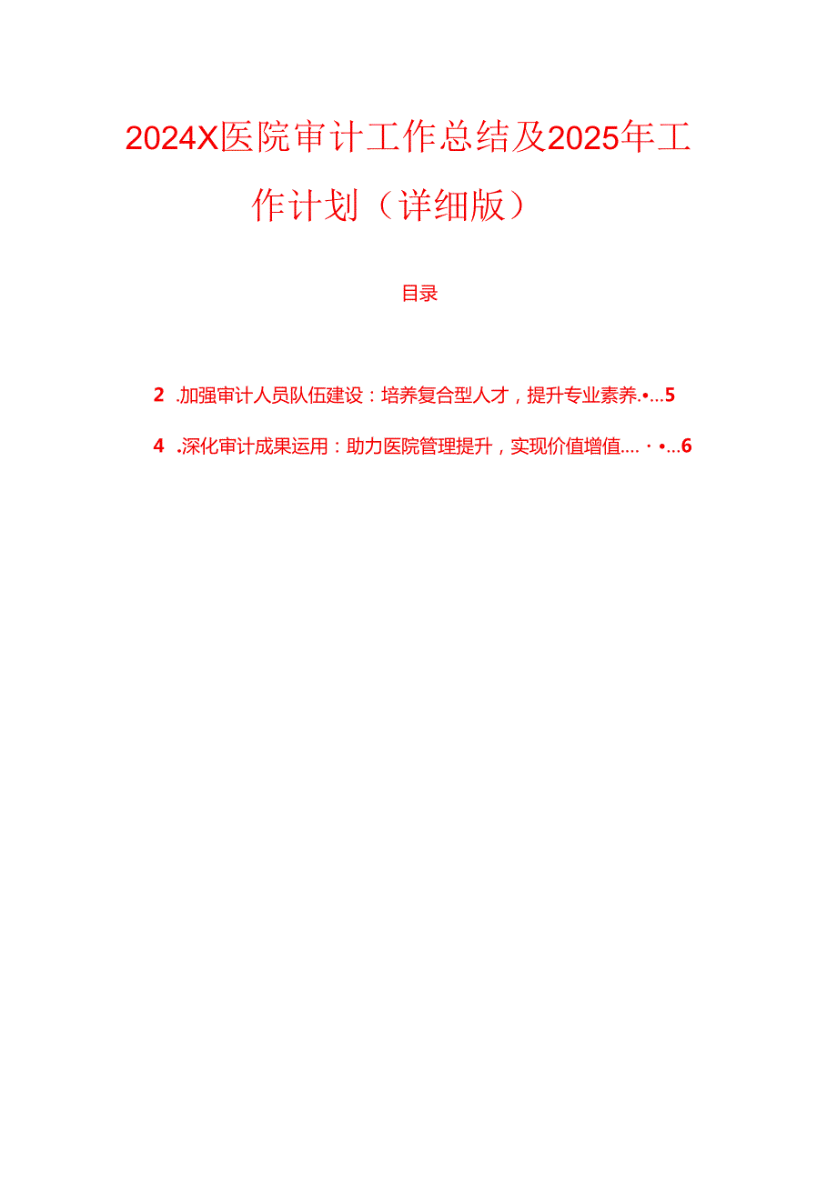 2024 X医院审计工作总结及2025年工作计划（详细版）.docx_第1页