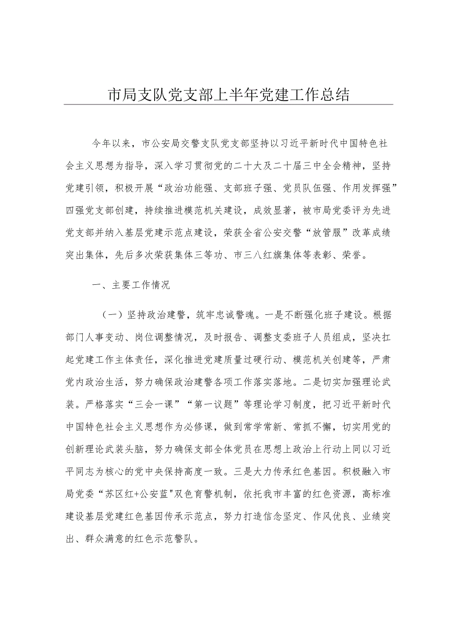 市局支队党支部上半年党建工作总结.docx_第1页