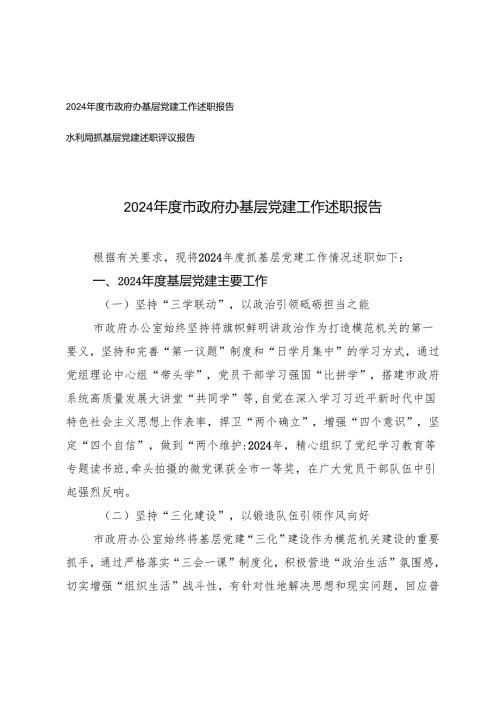 2024市政府办基层党建工作述职报告+水利局抓基层党建述职评议报告.docx