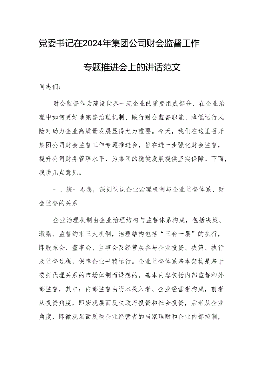 党委书记在2024年集团公司财会监督工作专题推进会上的讲话范文.docx_第1页