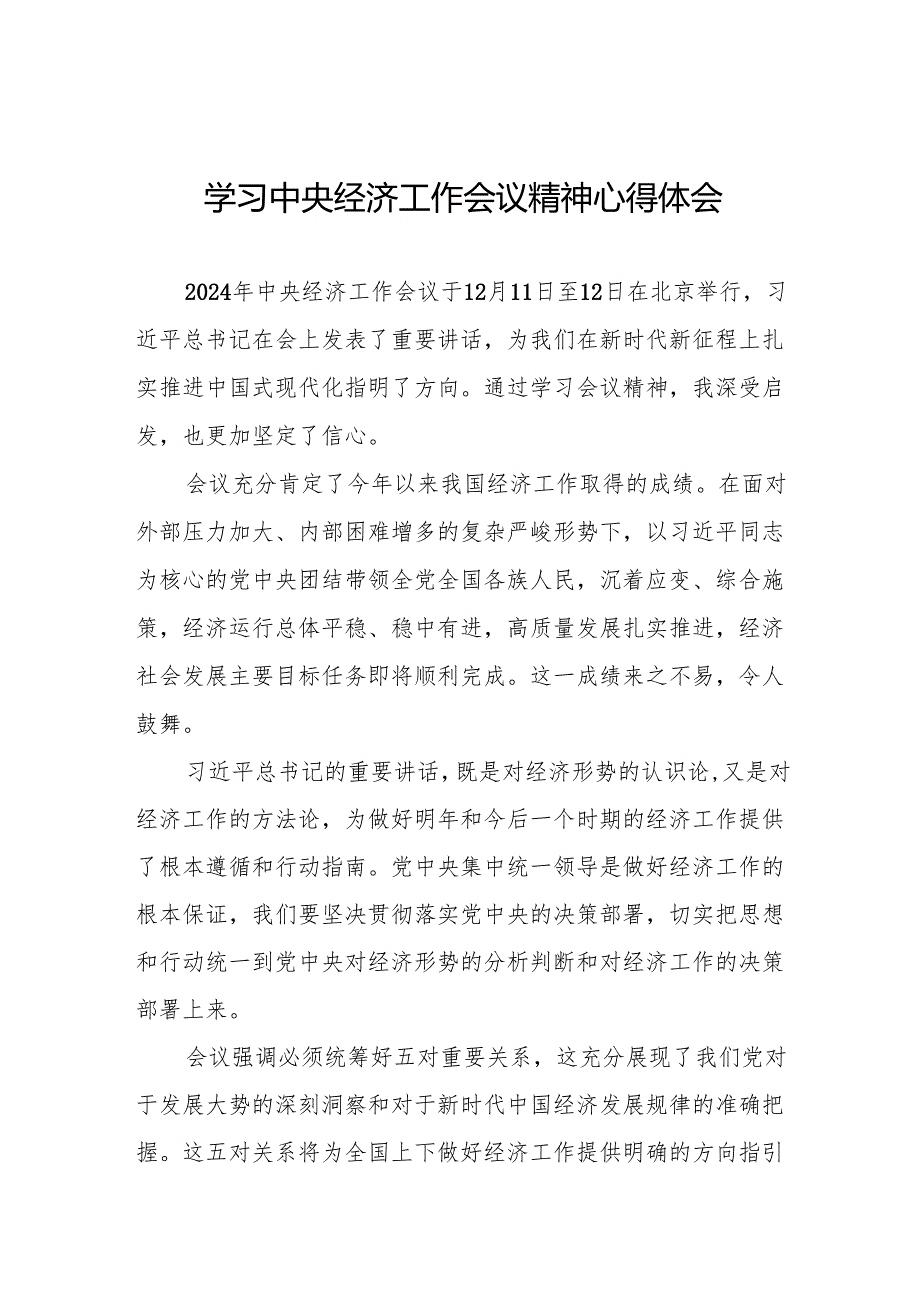 学习2024年中央经济工作会议精神心得体会发言材料11篇.docx_第1页