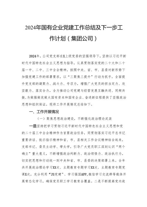 2024年国有企业党建工作总结及下一步工作计划（集团公司）.docx