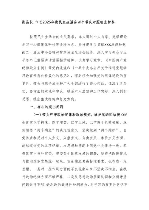 副县长,市长2025民主生活会四个带头对照检查材料.docx