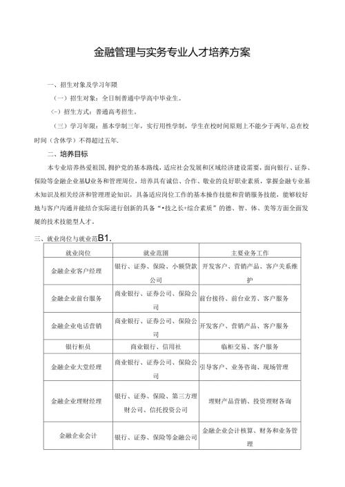金融管理与实务专业人才培养方案.docx