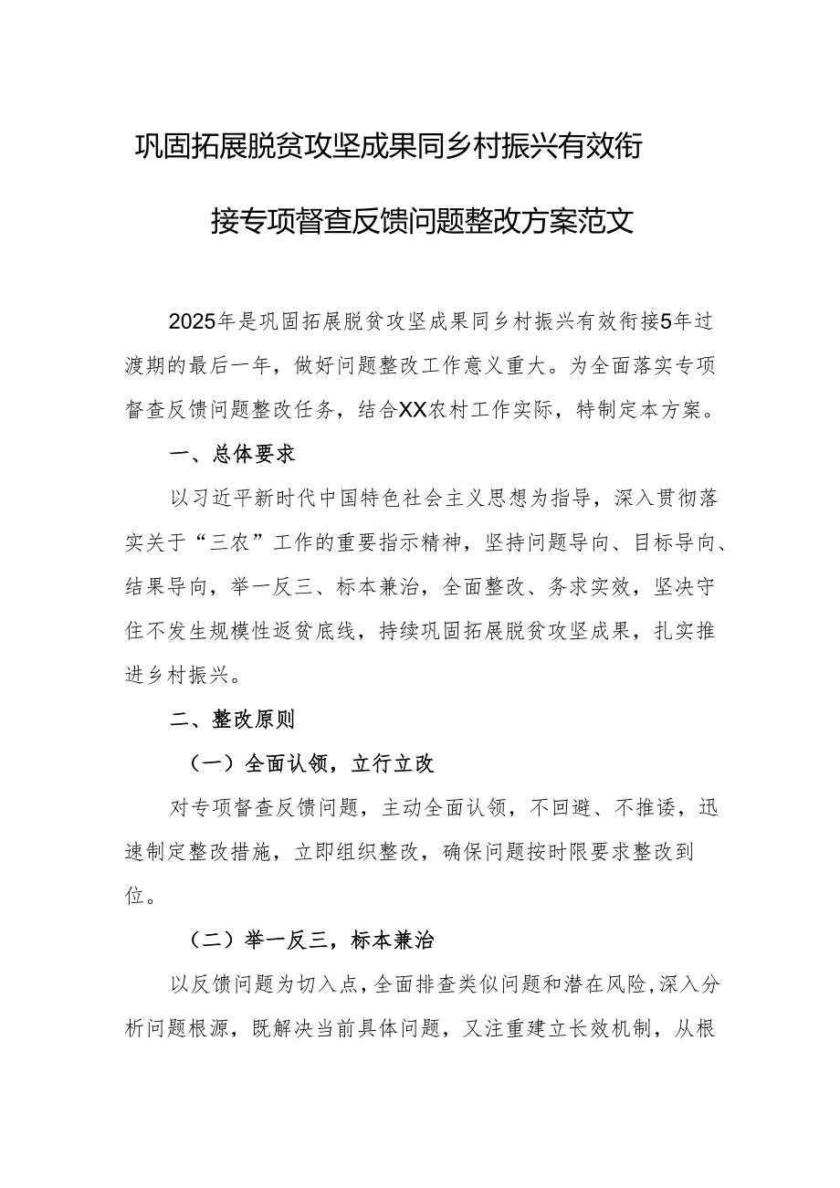 巩固拓展脱贫攻坚成果同乡村振兴有效衔接专项督查反馈问题整改方案范文.docx_第1页