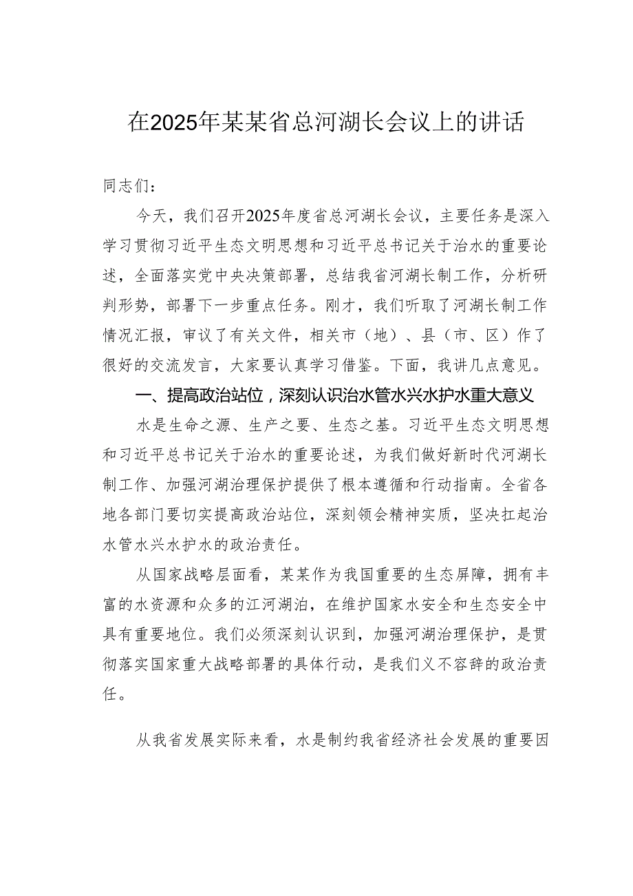 在2025年某某省总河湖长会议上的讲话.docx_第1页