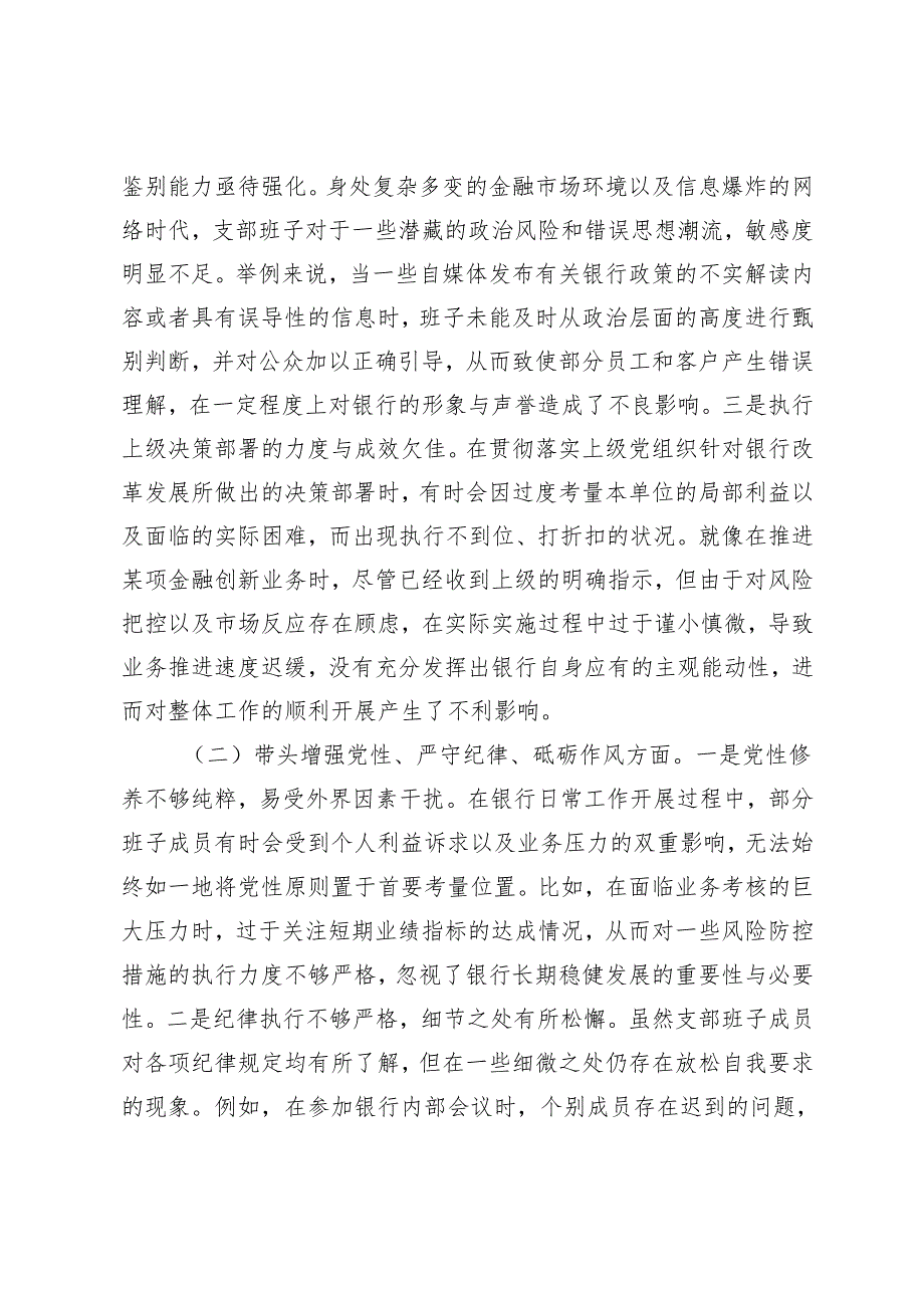 （通讯、银行系统）公司党员、党支部书记、党支部支部班子2025年组织生活会个人对照检查发言材料.docx_第3页