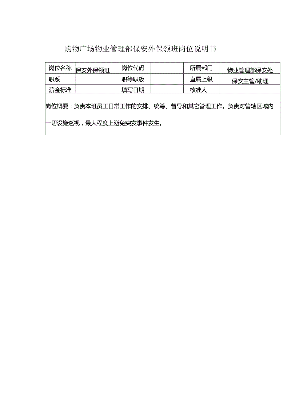 购物广场物业管理部保安外保领班岗位说明书.docx_第1页
