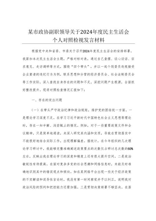 某市政协副职领导关于2024年度民主生活会个人对照检视发言材料.docx