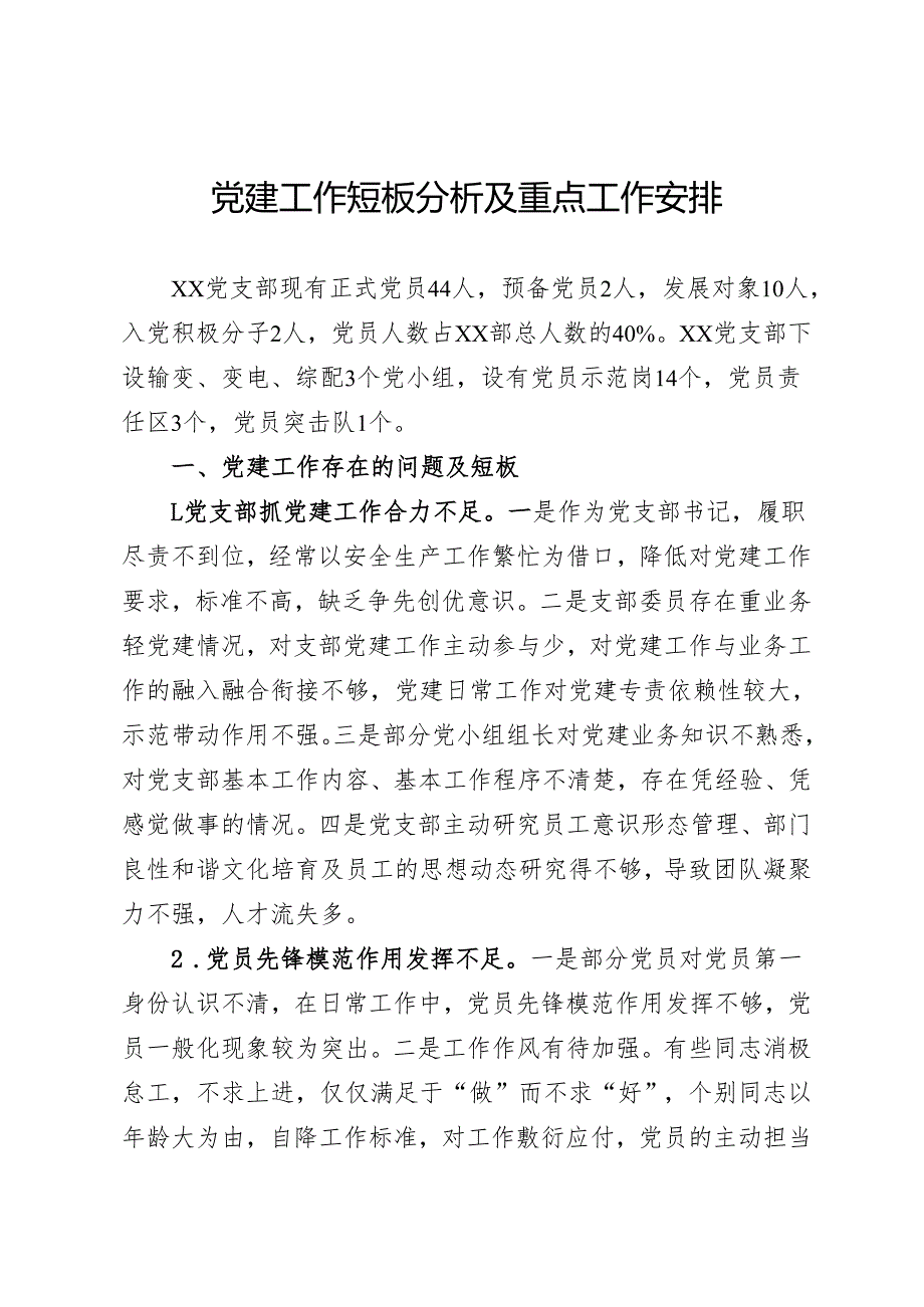 党建工作短板分析及重点工作安排.docx_第1页