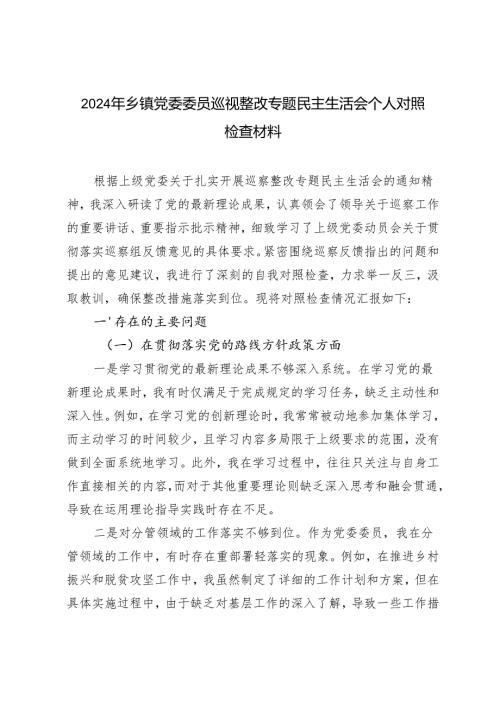乡镇党委委员2024年巡视整改专题民主生活会个人对照检查材料.docx