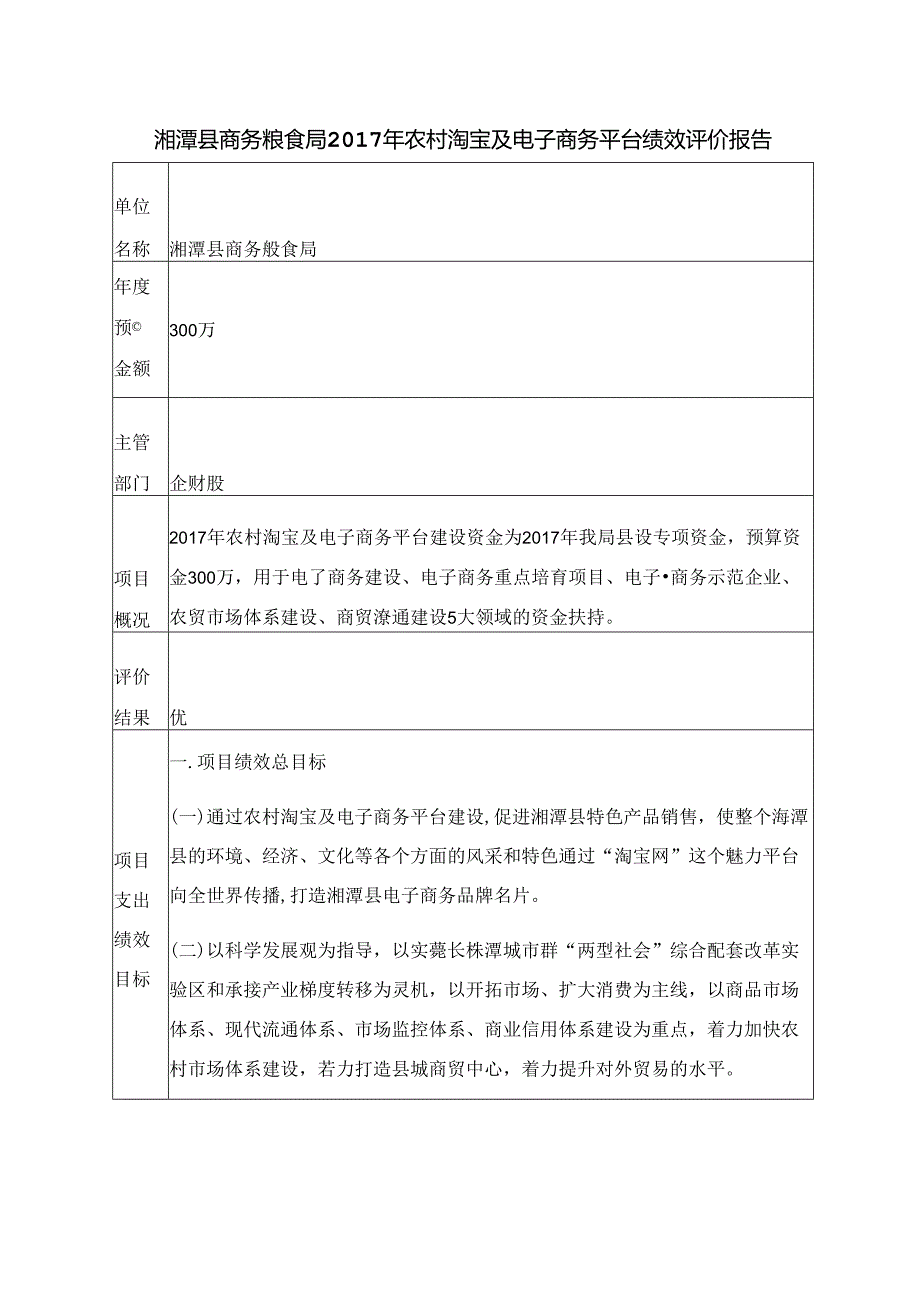 湘潭县商务粮食局农村淘宝及电子商务平台绩效评价报告.docx_第1页