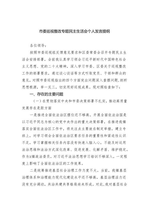 市委巡视整改专题民主生活会个人发言提纲（共8篇）.docx