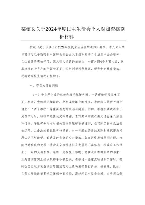 某镇长关于2024年度民主生活会个人对照查摆剖析材料.docx