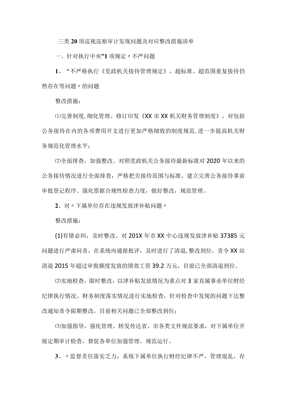 三类20项巡视巡察审计发现问题及对应整改措施清单.docx_第1页