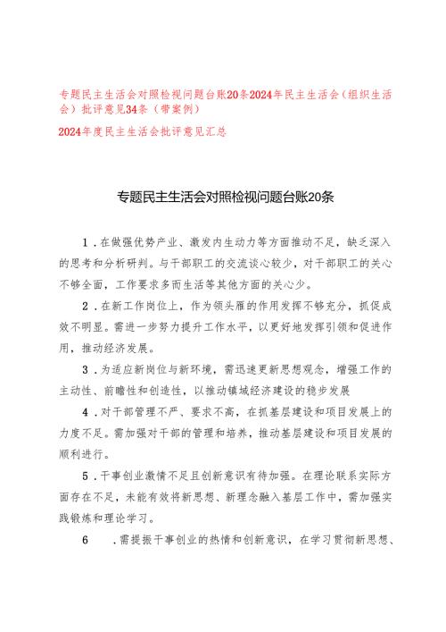 20242025年专题民主生活会对照检视问题台账20条+民主生活会（组织生活会）批评意见34条（带案例）+民主生活会批评意见汇总.docx