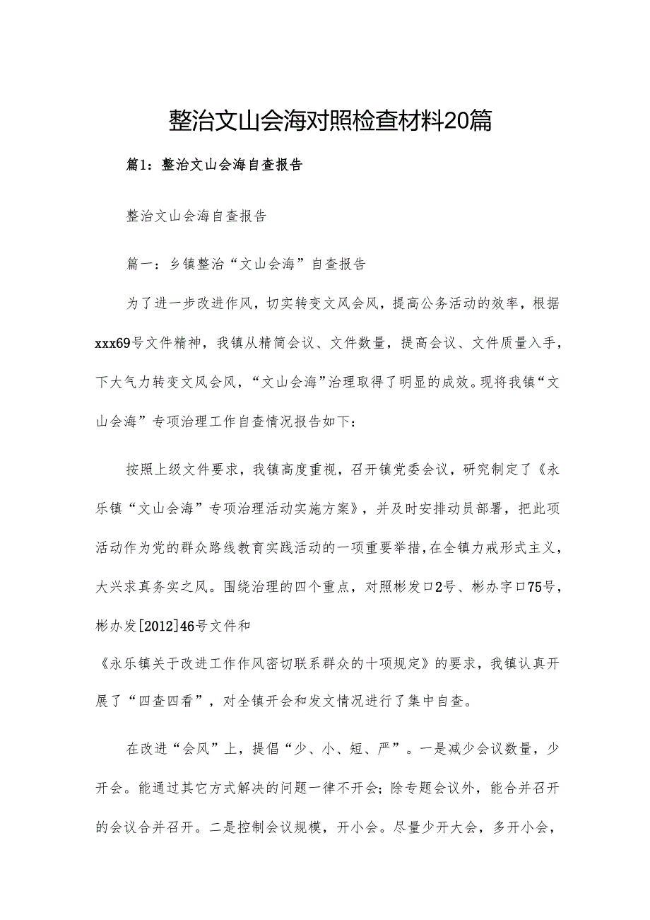 整治文山会海对照检查材料20篇.docx_第1页