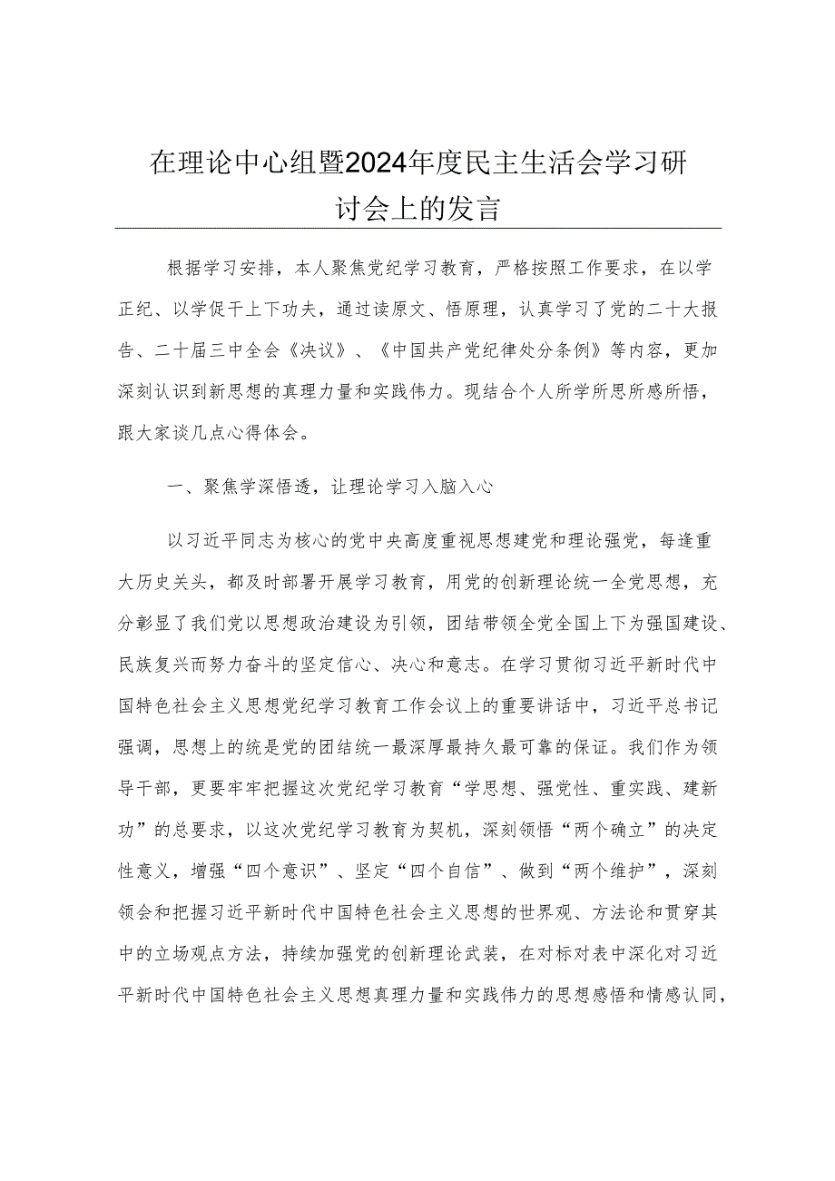 在理论中心组暨2024年度民主生活会学习研讨会上的发言.docx_第1页