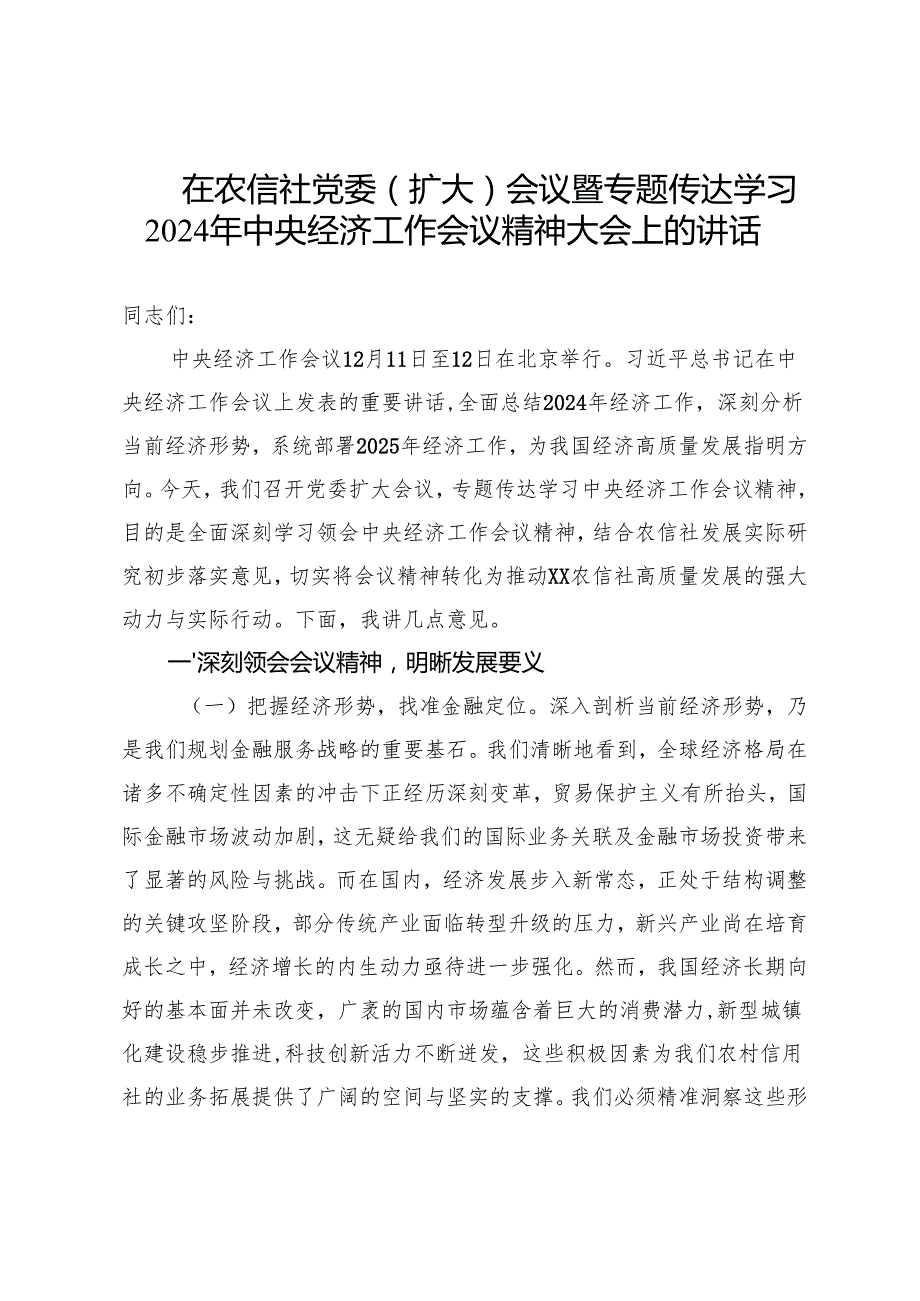 在农信社党委（扩大）会议暨专题传达学习2024年中央经济工作会议精神大会上的讲话(1).docx_第1页